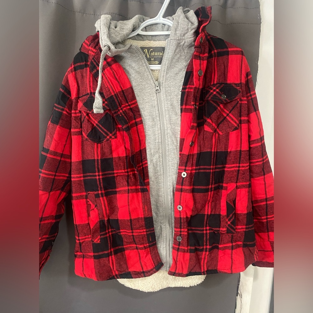 Fleece lined plaid and with a hood